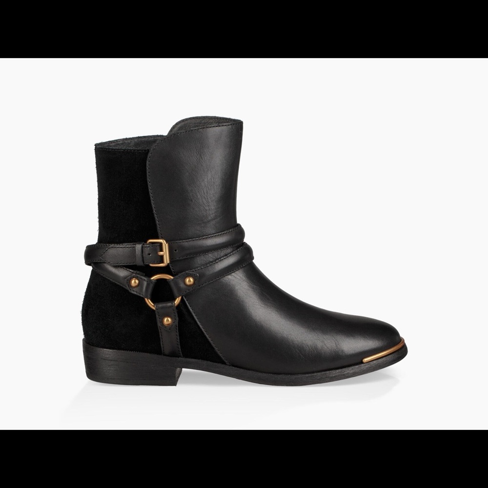 Ugg kelby ankle booties black suede and leather gold hardware bikercore edgy
